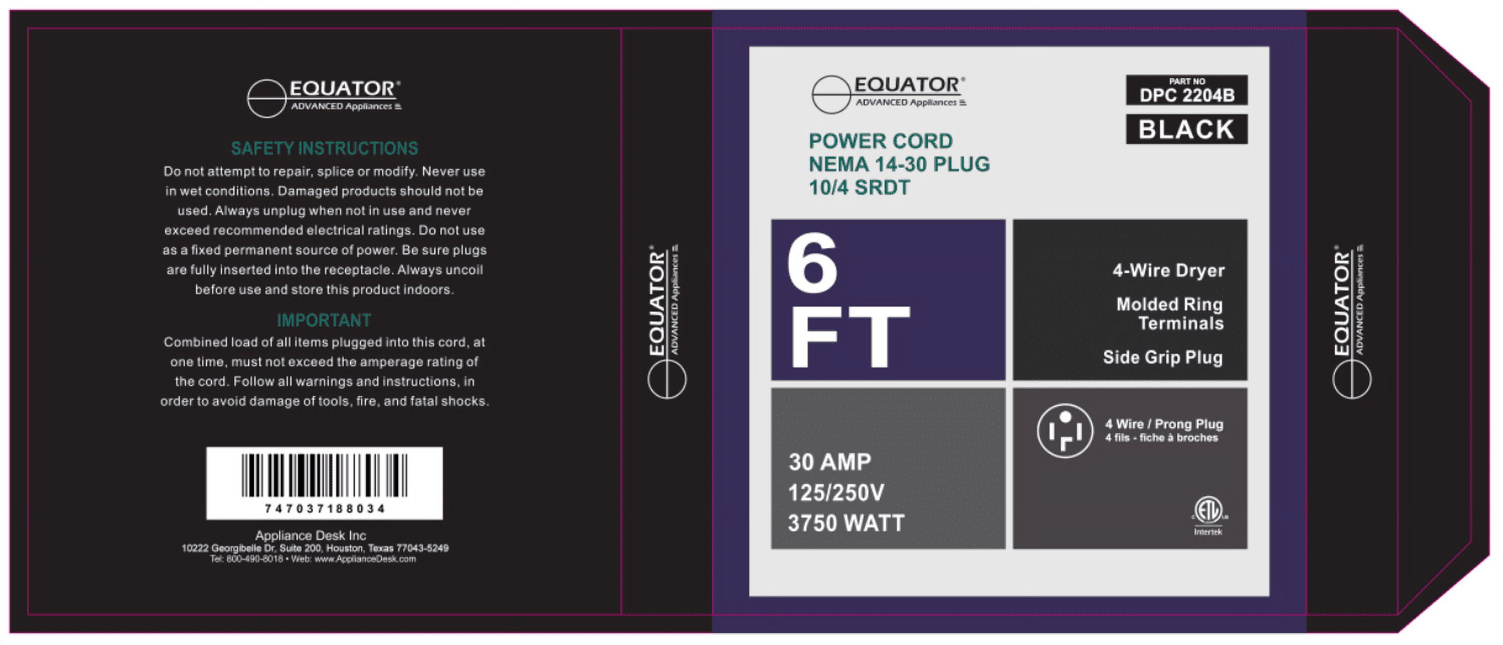 Equator Advanced Appliances 4-Wire Dryer Equator 30A 6 ft 4-Prong Dryer Power Cord Black