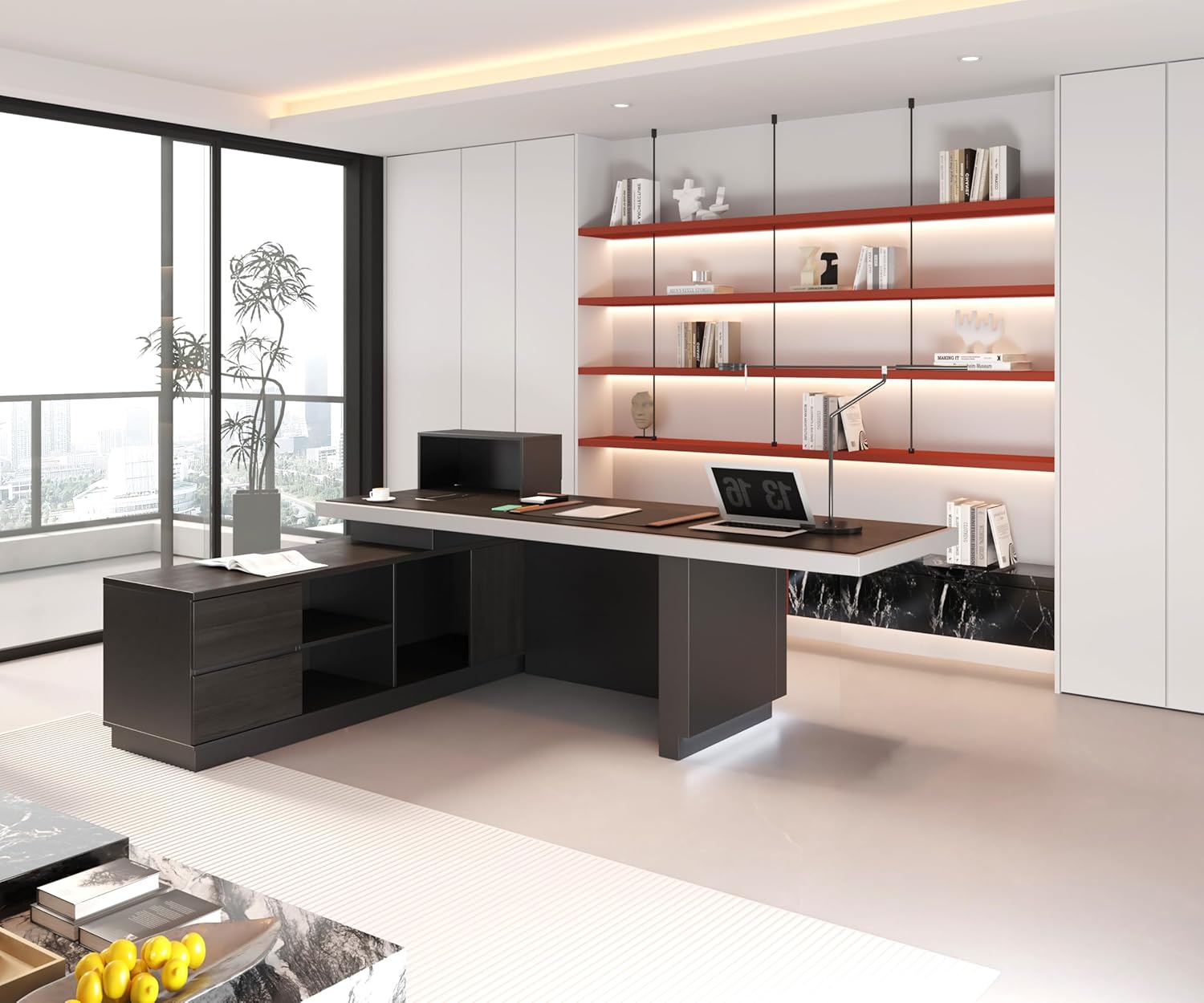 Vivvoo 78.7" Black  L Shaped Executive Desk with Drawers Light for Home Office(Left Return)