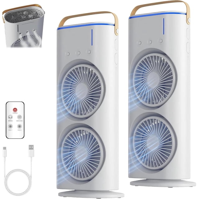 Ventilateurs à Pulvérisation Double Extrémité de 20,29 Fl Oz, Ventilateurs Portatifs à Brumisation Oscillant à 120°, Rechargeables à 3 Vitesses avec Télécommande, avec Contrôle de Réservoir d'Eau de Grande Capacité pour la Maison, le Bureau (2 Pcs)