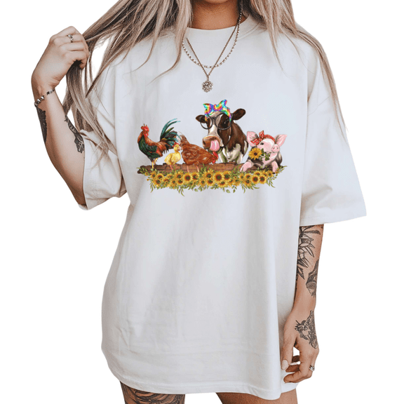 UNISHE Women's white Soft Vintage Rural Farm Barnyard Animal Graphic Short Sleeve T-Shirts Tops