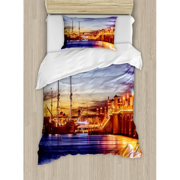 United States Duvet Cover Set, St. Augustine Florida Famous Bridge of Lions Dreamy Sunset Majestic, Decorative 2 Piece Bedding Set with 1 Pillow Shams, Twin Size, Orange Blue Coral, by Ambesonne