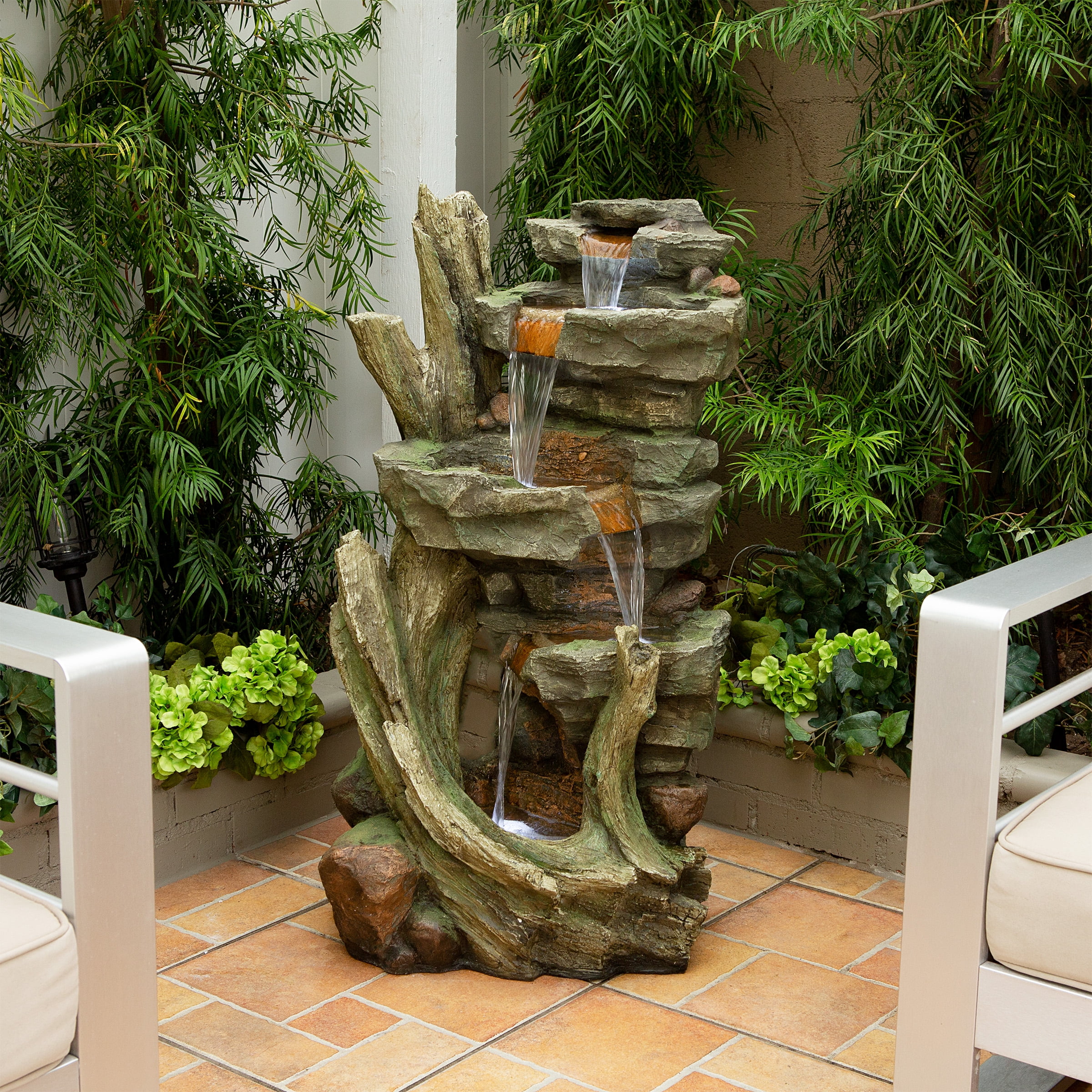 Indoor Outdoor Weather Safe Stacked Stone Rock Brown Water Fall Fountain Decor 