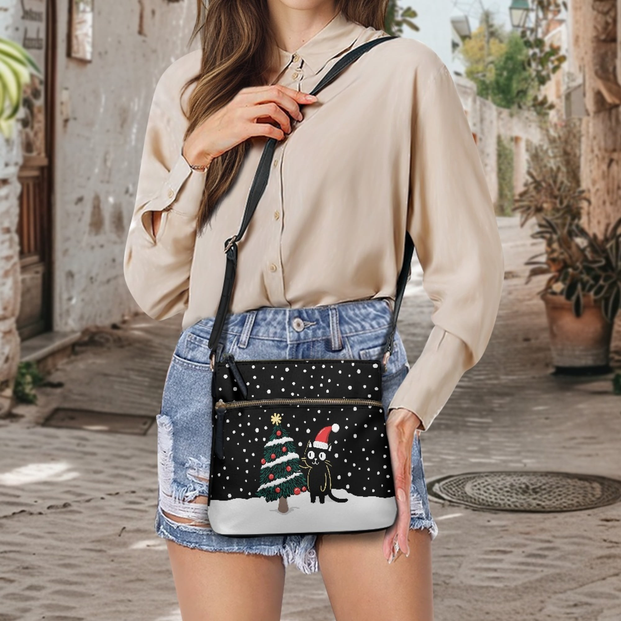 ZUXONGSY Christmas Cat Tree Snowflake Print Shoulder Bag for Women Lightweight Crossbody Purse Mini Satchel with Adjustable Wide Strap for Shopping Business