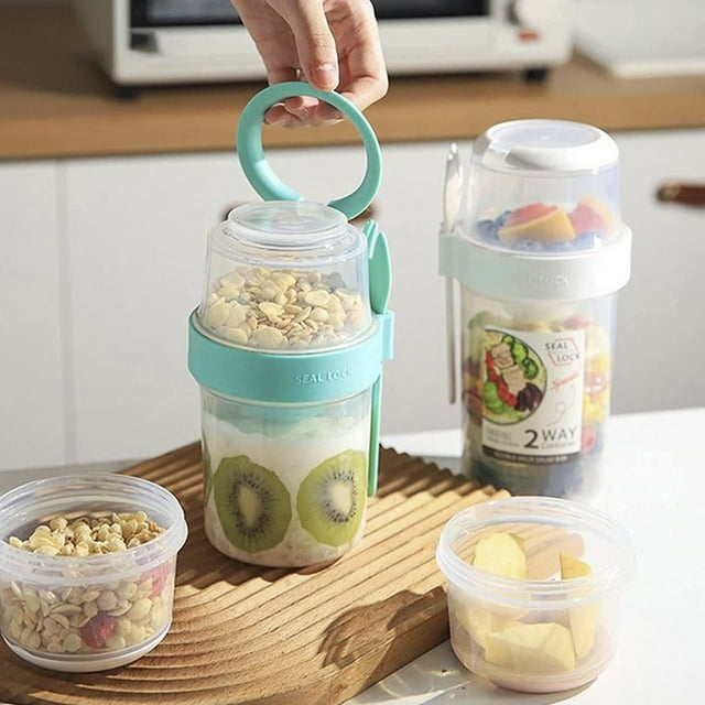 2 Pack Overnight Oats Container 2-Tier Breakfast On the Go Cups with Lid and Spoon Portable Yogurt Oatmeal Container Jar