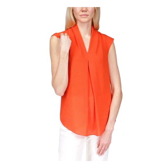 MICHAEL MICHAEL KORS Womens Orange Textured Pleated Curved Hem Cap Sleeve V Neck Top S