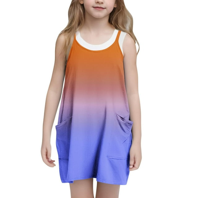 Bwiyojiz Tailles Mode 120-160 Robe Sans Manches à Col Rond Décontractée d'Été à Bretelles Combishort Robes Tennis avec Poches pour Enfant, 11 Ans, Cadeaux pour la Maison, Orange