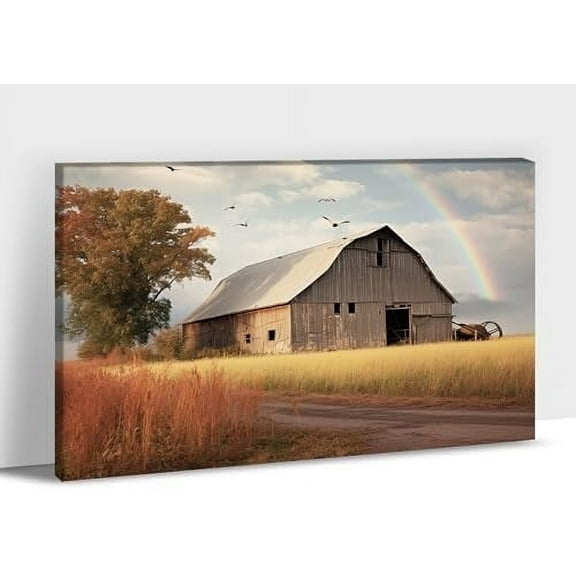 Farmhouse Wall Art, Vintage Barn Rainbow Picture Canvas Wall Art, Rustic Country Canvas Prints, Autumn Countryside Sunset Landscape Pictures for Farmhouse Living Room Wall Decor 12x18 Inches
