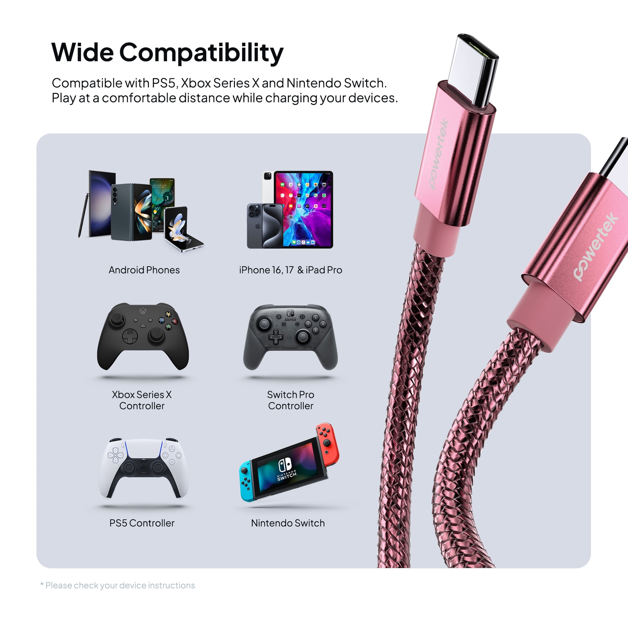 Powertek Luxe 6ft USB-C to USB-C Cable, Pink, Fast Charge & Sync, Metallic Mesh PVC Jacket, Durable Tangle-Free Design