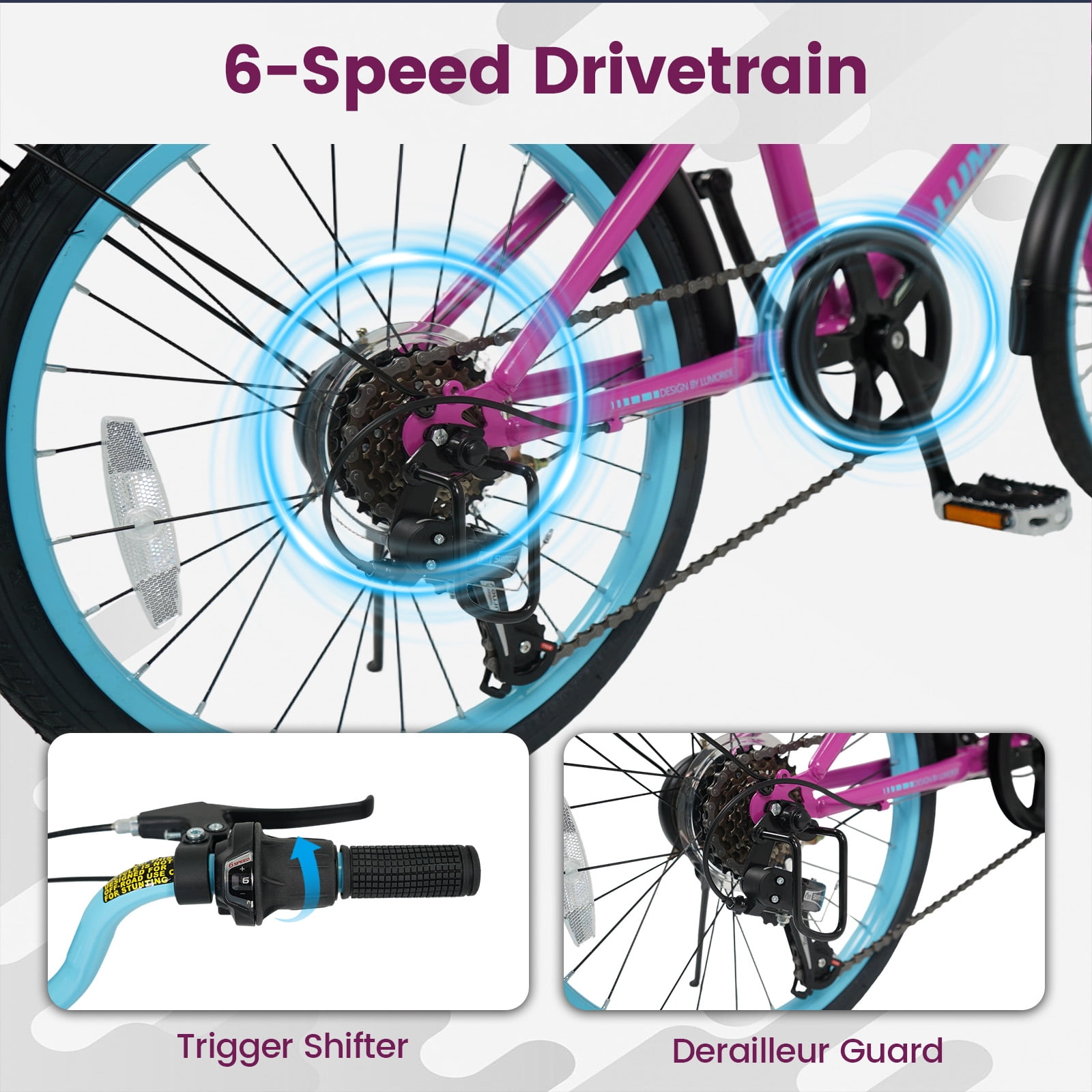 OLAKIDS Mountain Bike, 20 Inch Bicycle with 7 Lighting Modes Bluetooth Music 6 Speed Drivetrain