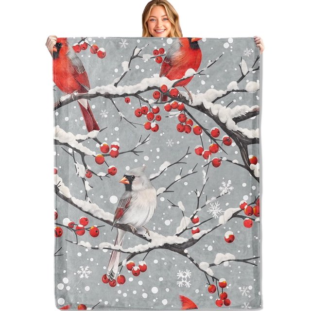 Manta de invierno con diseño de cardenal, 40 x 50 pulgadas, franela suave y ligera, con estampado de pájaros blancos sobre ramas nevadas, regalos para niños y adultos, para sofá, oficina, viajes,