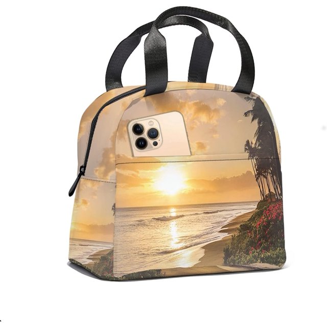 Sac à Lunch Hawaïen Boîte à Lunch pour Femmes Hommes Sac à Lunch Réutilisable Isolé, Coucher de Soleil Tropical sur Sables de Plage, Sacs à Main Thermiques Étanches Grande Capacité pour Travail Pique-Nique, Orange Rose