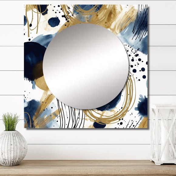 Designart "Motif Abstrait avec Textures Bleues et Dorées IV" Miroir Carré Abstrait pour Décoration Murale - Grand Miroir Carré Imprimé Art Mural - Miroir Carré Mural