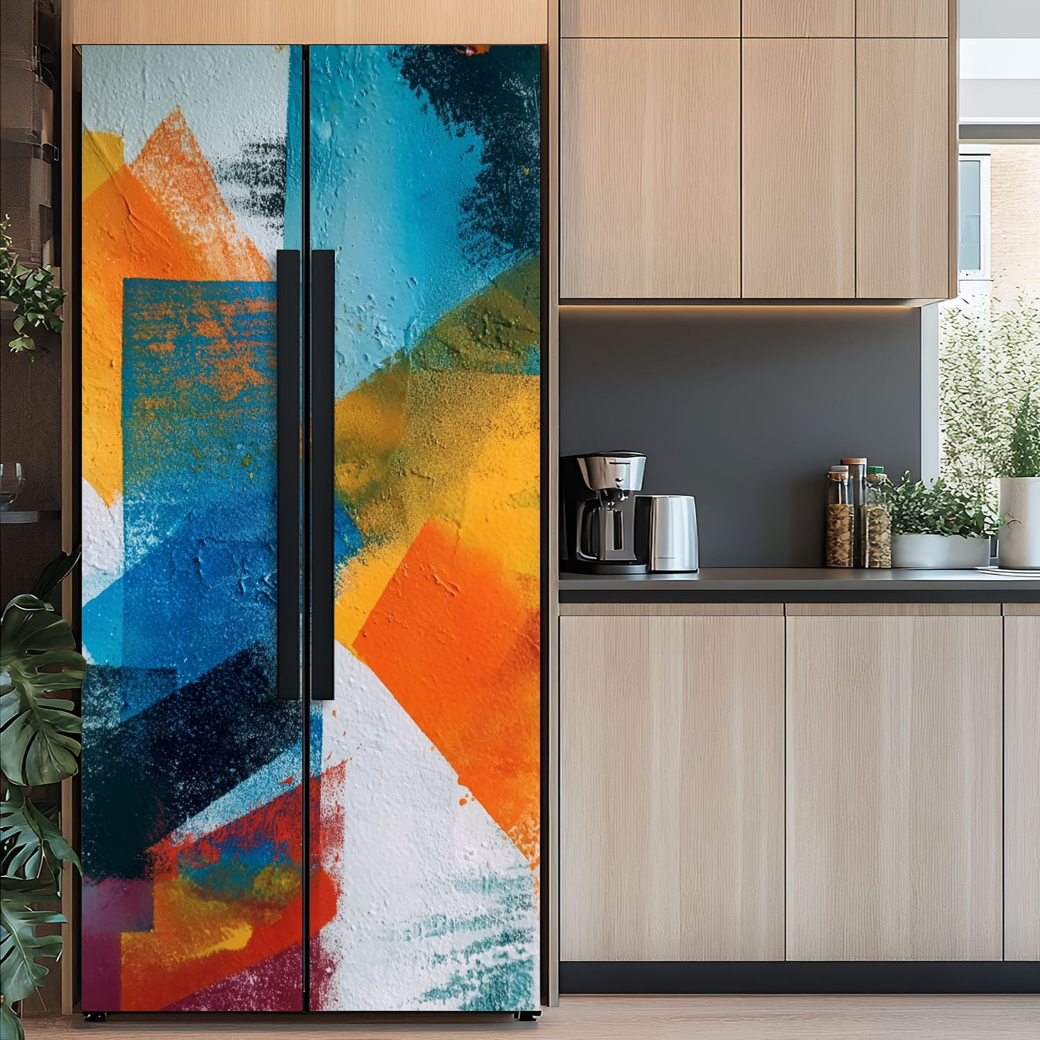 Self Adhesive Vinyl Refrigerator Wrap Set Abstract colorful brush stroke Modern Door Mural Removable Fridge Sticker Peel and Stick&nbsp;Full Door Cover Decal Kitchen Bar Decor