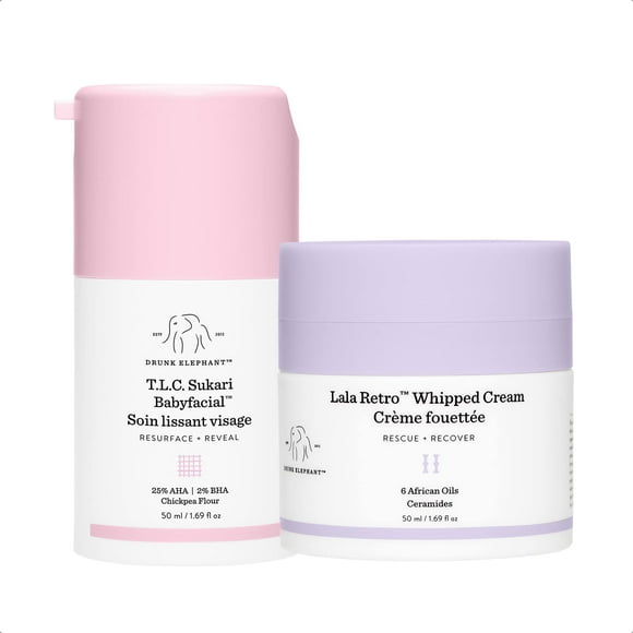 Drunk Elephant Full Sized Retro Renew Facial Duo - Skin Renewal Facial Duo. T.L.C. Sukari Babyfacial (50 mL / 1.69 Fl Oz) Lala Retro Whipped Cream Facial Moisturizer (50 mL / 1.69 Fl Oz)