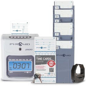 Pyramid Time Systems 2500 Small Business Time Clock Bundle with 100 Time Cards, Ribbon, Time Card Rack & Security Keys, No Employee Limit