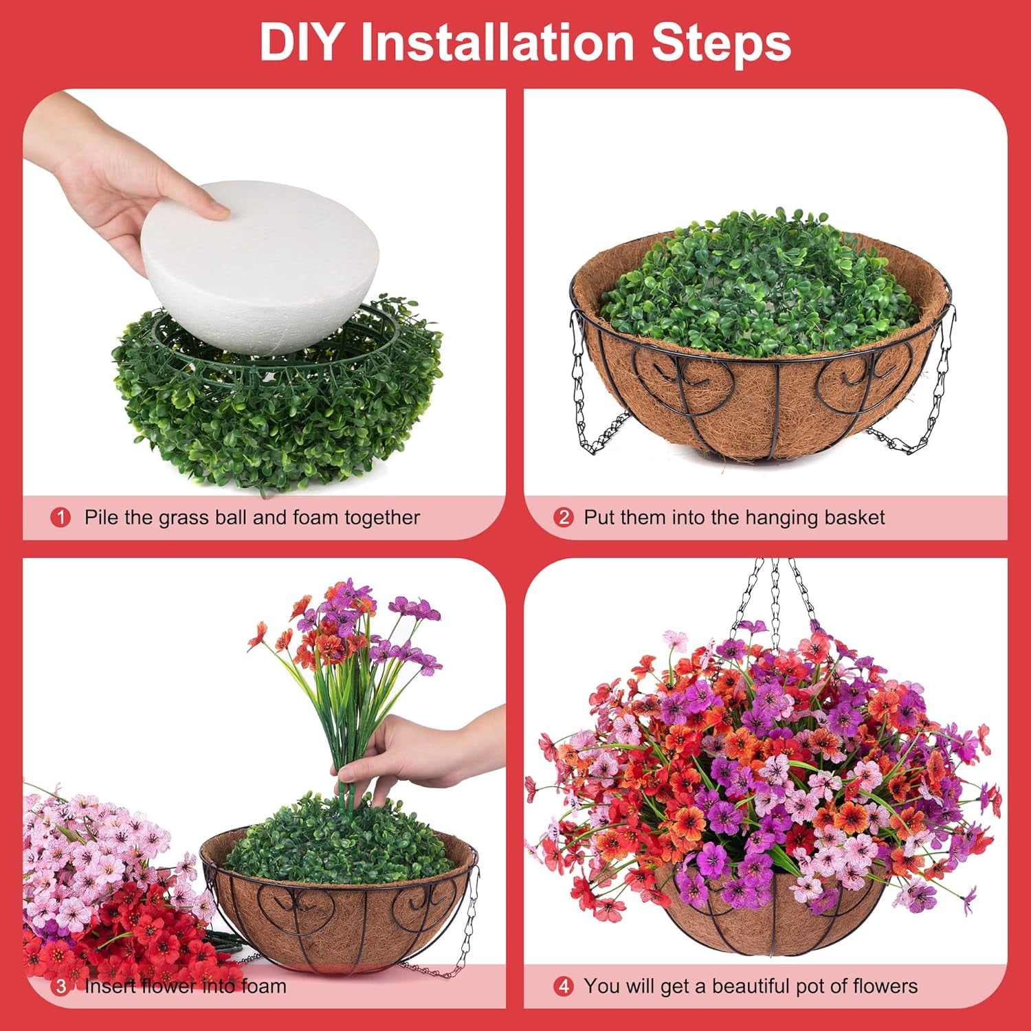 Artificial Faux Hanging Plants Flowers Basket for Spring Summer Outdoor Porch Decoration, Fake Silk Colorful Daisy Eucalyptus in Planter UV Resistant Look Real for Home Patio Balcony Yard