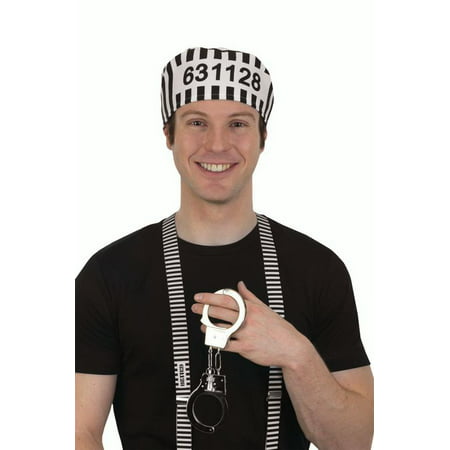 Jailbird Prisoner Hat Handcuffs Suspenders Halloween Adult Costume Accessory