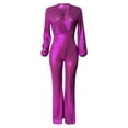 thumbnail image 4 of Aayomet Womens Jumpsuits Women Long Sleeve V Neck Jumpsuits Slim Fit Nightclub Style Long Sleeve Wide Leg Jumpsuit,Purple S, 4 of 5