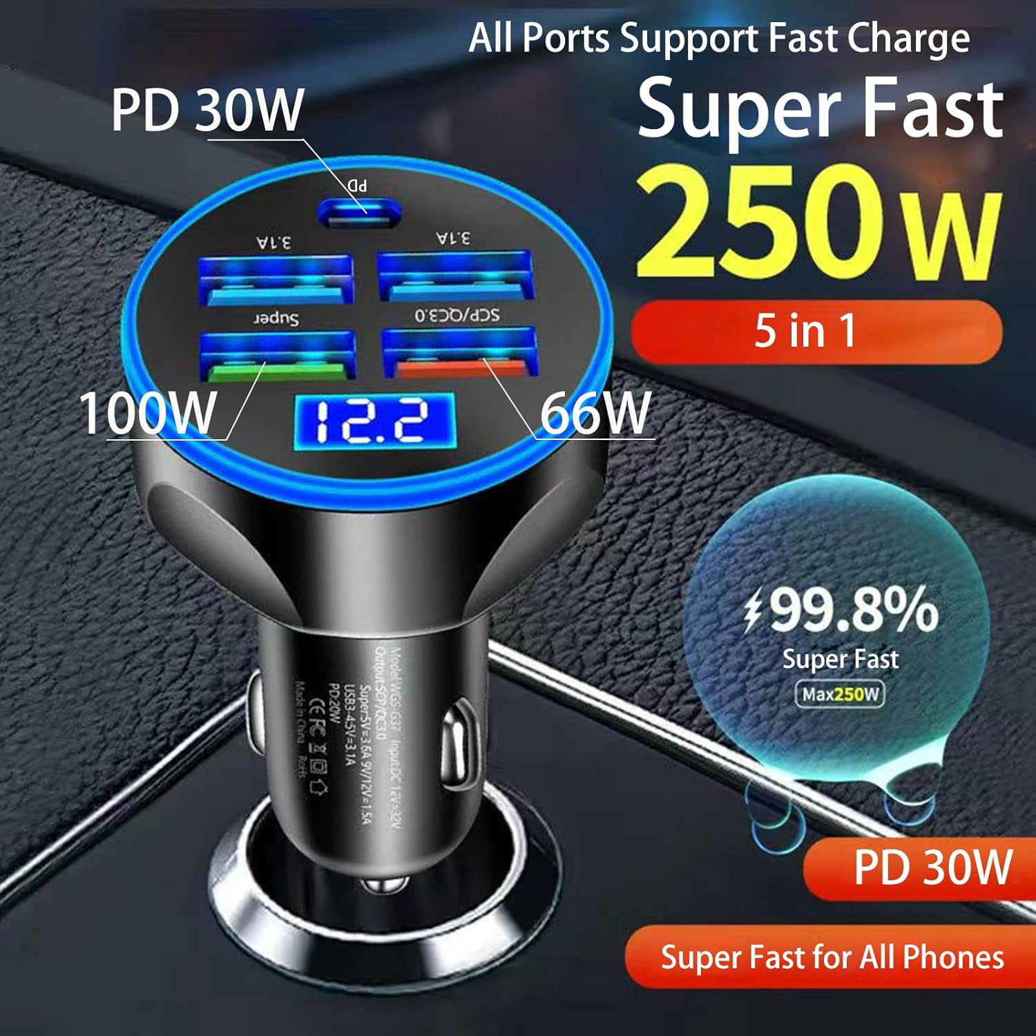 Full PD 30W Multi Port USB C Car Charger Adapter 5 in 1 with Voltage Display, PD4.0/QC4.0/PPS/AFC Super Fast Charging Cigarette Lighter Adapter with Volt Meter for MacBook iPhone Galaxy Android
