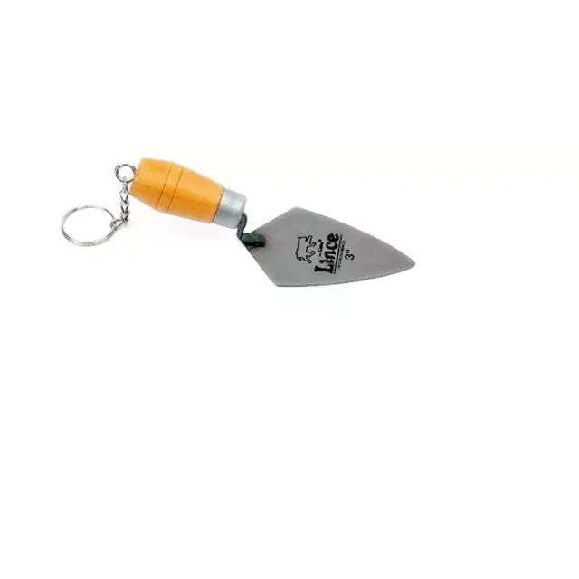 llavero de cuchara mini (10 pzas) Llavero tipo cuchara con pala de acero de 3 pulgadas y mango corto color madera, anilla y cadena metálica; diseño compacto y funcional para pequeñas aplicaciones de mortero, yeso o cemento, fabricado por Celta.