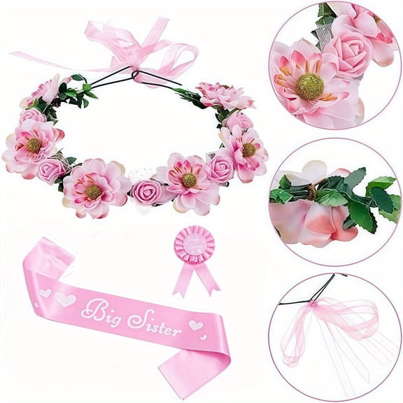 3 Pcs Big Sister Accessory Set Big Sister Flower Crown Satin Sash Pin Gifts for Baby Shower Party