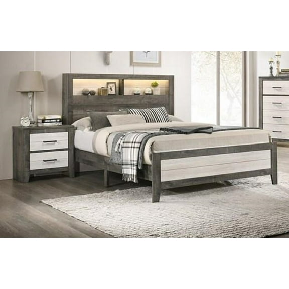 Transitional Style Two-tone Grey White Finish King Size 3pc Storage Headboard Platform Bed Nightstand Set Wooden Bedroom Furniture