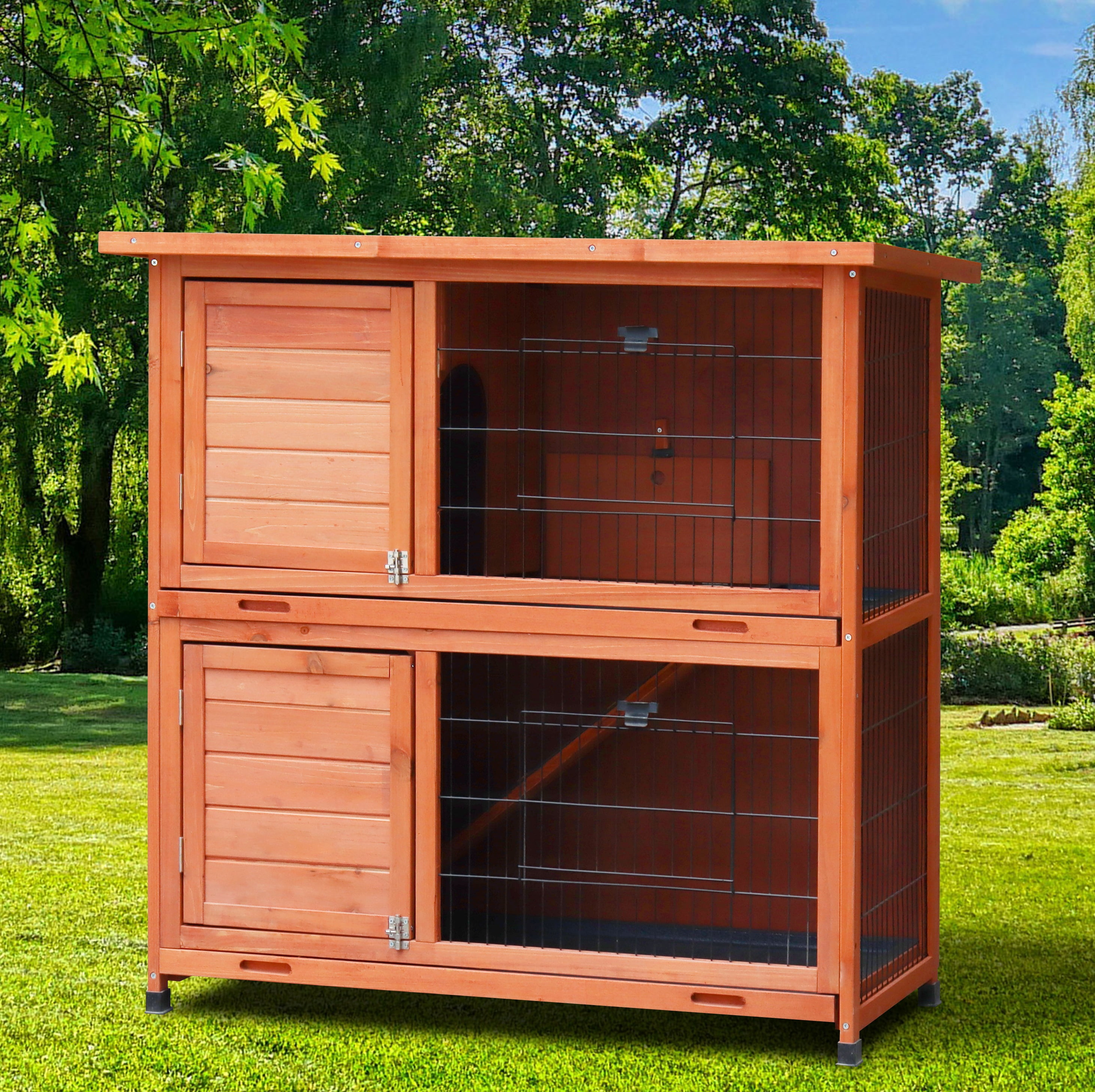 Anykoon Rabbit Hutch Outdoor, Fence, for Small Animals , 2-Story Rabbit Cage Indoor with Run, Bunny Cage with 2 Removable No-Leak Trays, Pet Cages with Non-Slip Ramp, Waterproof Roof