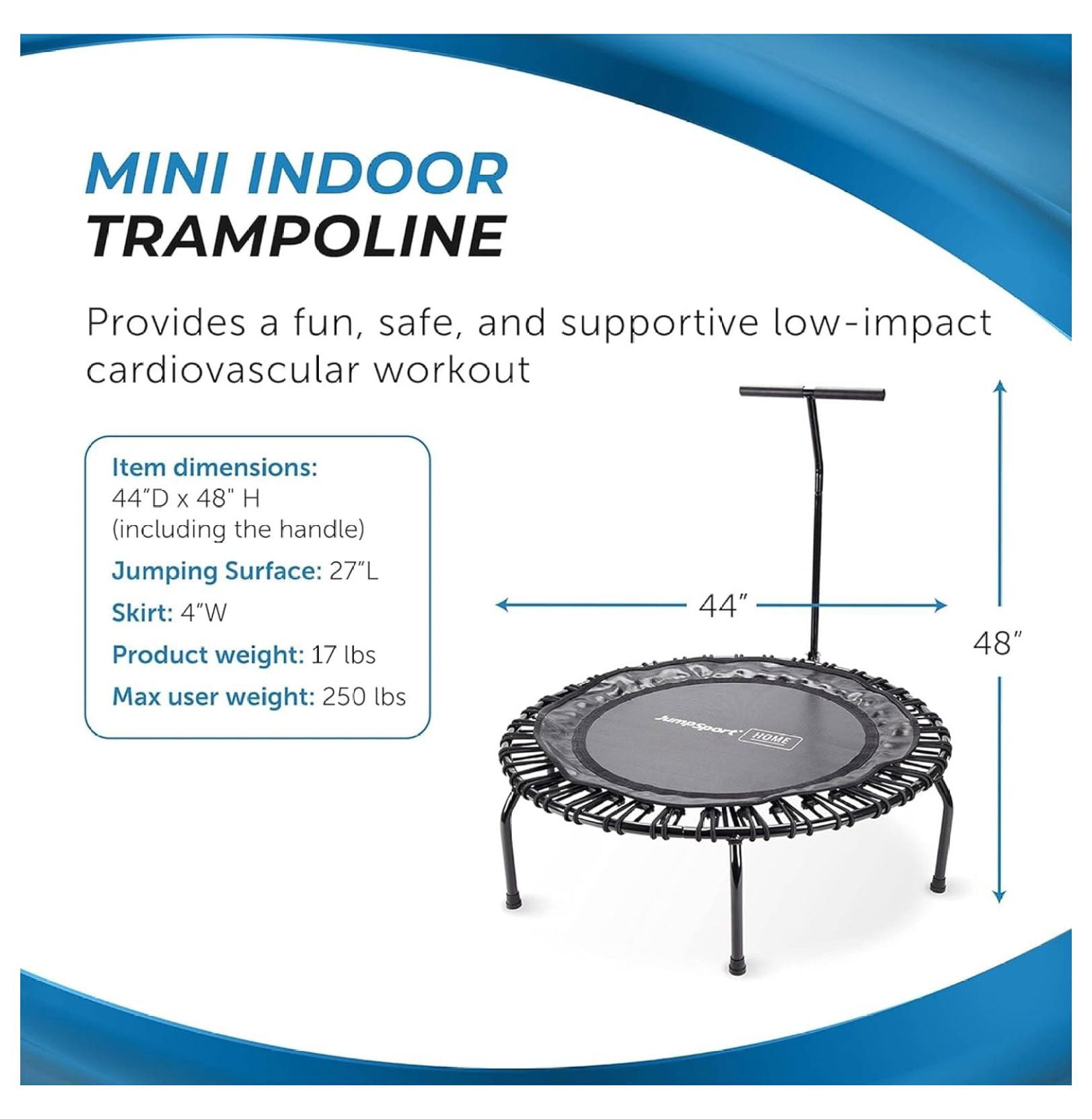 JumpSport Compact Round Lightweight 22 Pound Stable Home and Gym Fitness Indoor Mini Rebounder Trampoline for Adults, Black