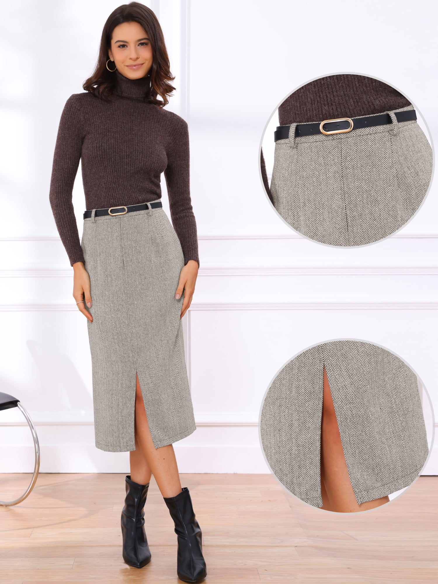 DARING DIVA Women's Vintage Fall Slit Office Work Skirts with Belt X-Large Coffee