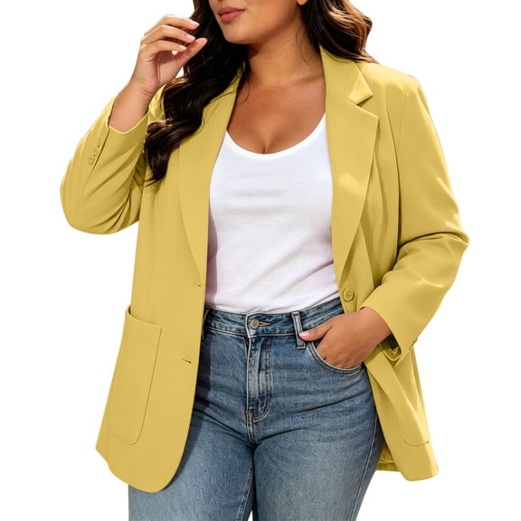 Sexlip Women Plus Size Notched Lapel Blazer Jacket Single Button Long Sleeve Oversized Relaxed Fit Wrinkle Free Suit Coat Large Side Patch Pockets For Daily Work Yellow XXXXXL