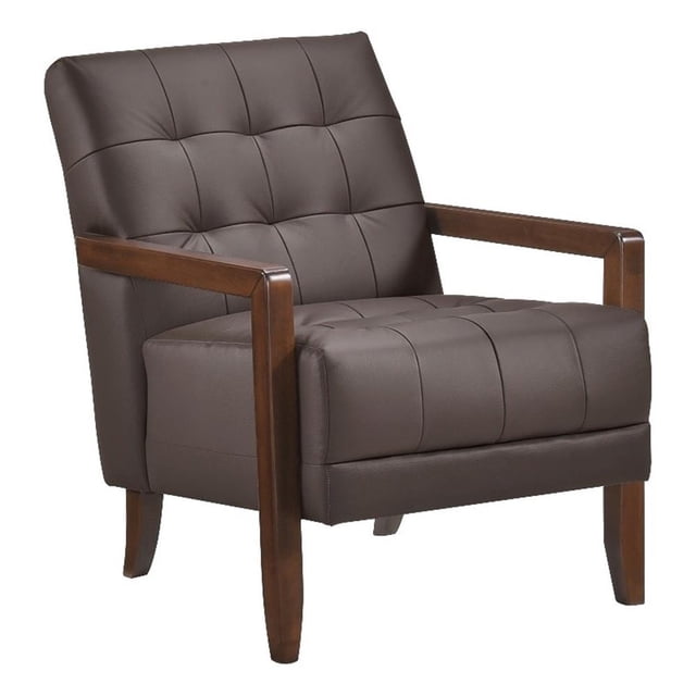 Pemberly Row Button Tufted Accent Armchair in Dark Brown Leather Wood Frame