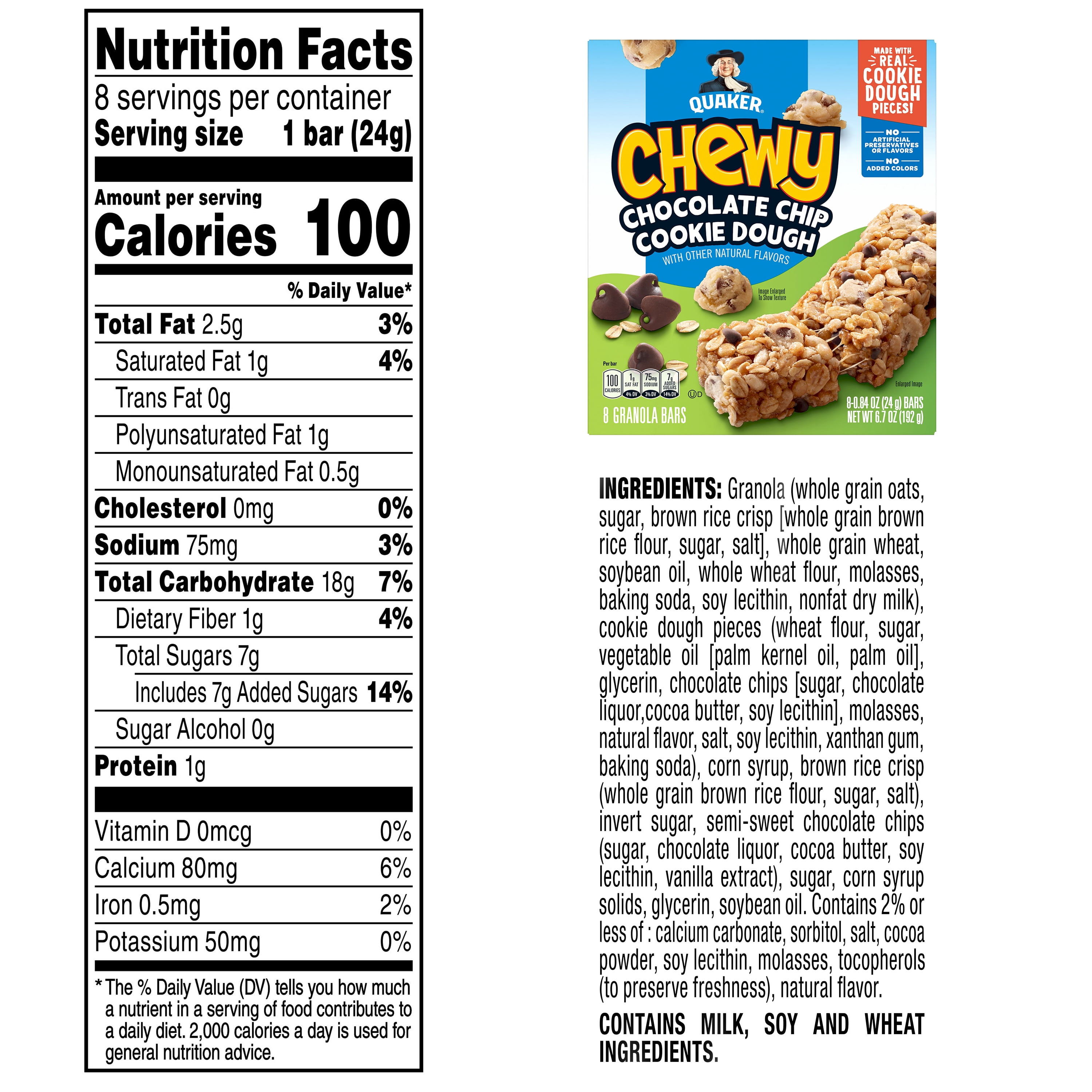 (4 pack) Quaker Chewy Granola Bars, Chocolate Chip Cookie Dough, 0.84 oz Bars, 8 Pack