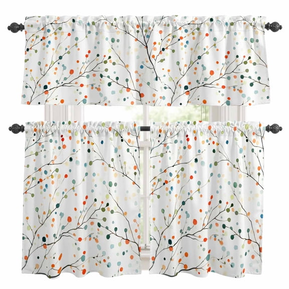 Colorful Botanical Kitchen Curtains Sets for Windows 24 Inch Length, Rainbow Color Leaves Spring Summer Rod Pocket Window Treatments Tier Curtains and Valances Set for Bedroom/Bathroom