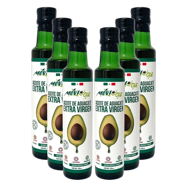 six pack aceite de aguacate extra virgen mevi oil 250 ml mevi oil extra virgen seis botellas en vista frontal centrada, botellas de vidrio verde de 250 ml con etiqueta blanca que muestra una mitad de aguacate y el texto "Aceite de Aguacate Extra Virgen", tapones negros; a menudo usado en cocina para aderezos y salteados.