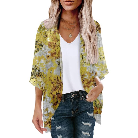 Babysbule Womens Cardigans Clearance Women's Summer Floral Print Puff Sleeve Cardigan Loose Cover Up Casual Blouse Summer Trendy Tops Women's Top Clearance Blouse