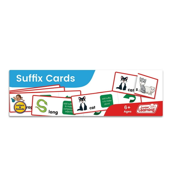 Suffix Flashcards: Junior Learning, The Science of Reading Supplementary Resource Flashcards, Learn suffix rules, For ages 6 , Grade 1, For classroom or home school use
