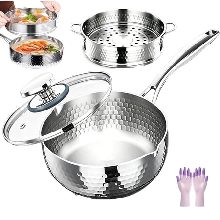 Pure Titanium Saucepan with Lid,Upgrade Non Stick Pure Titanium Pans with Dual Pour Spouts,Multipurpose Silver Sauce Pan for Cooking,Compatible with All Cooktops (8.66in/22CM+food steamer)