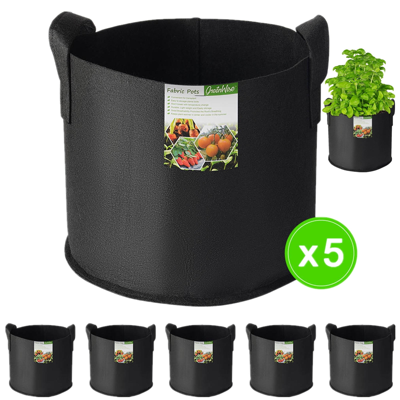 Smart Grow 7 Gallon 5Pcs/Pack Black Fabric Grow Pots Breathable 