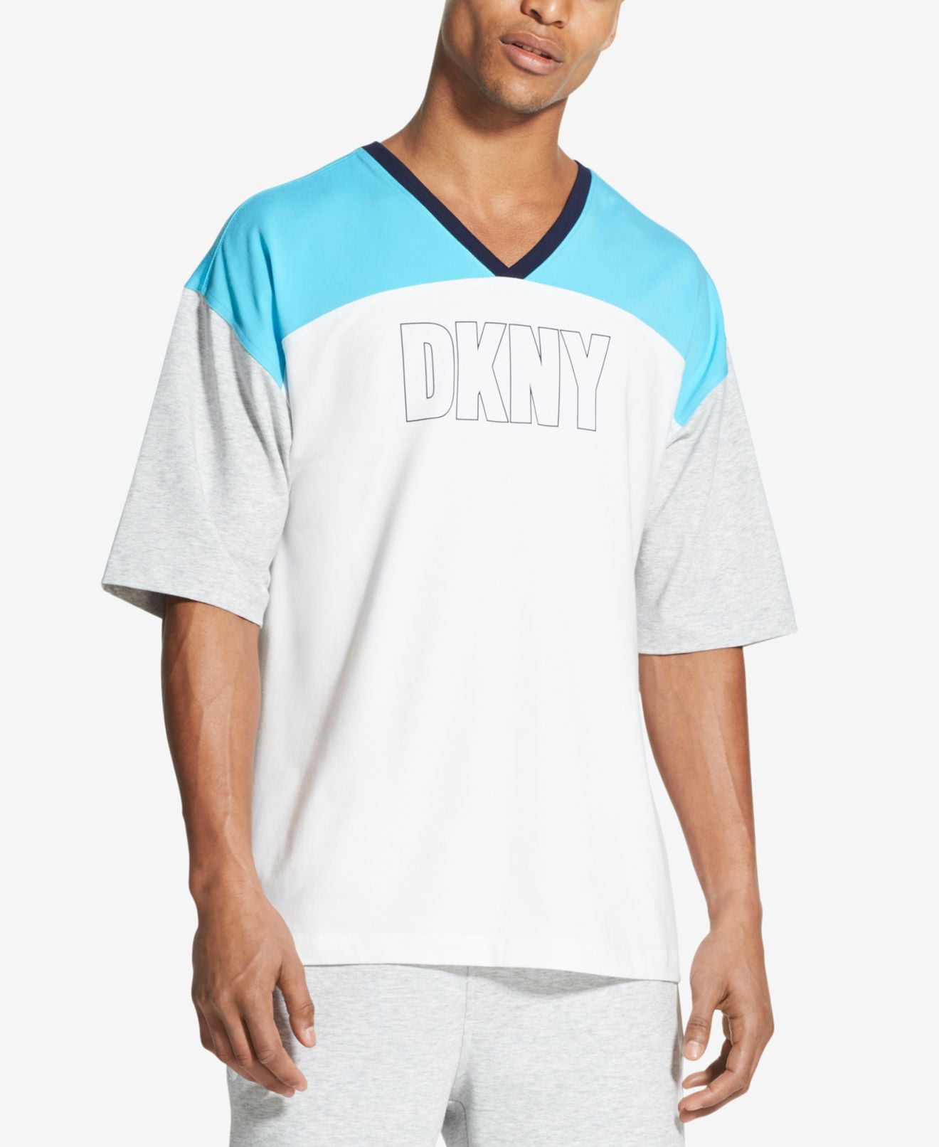 DKNY White Mens V Neck Logo Colorblock Tee TShirt 2XL