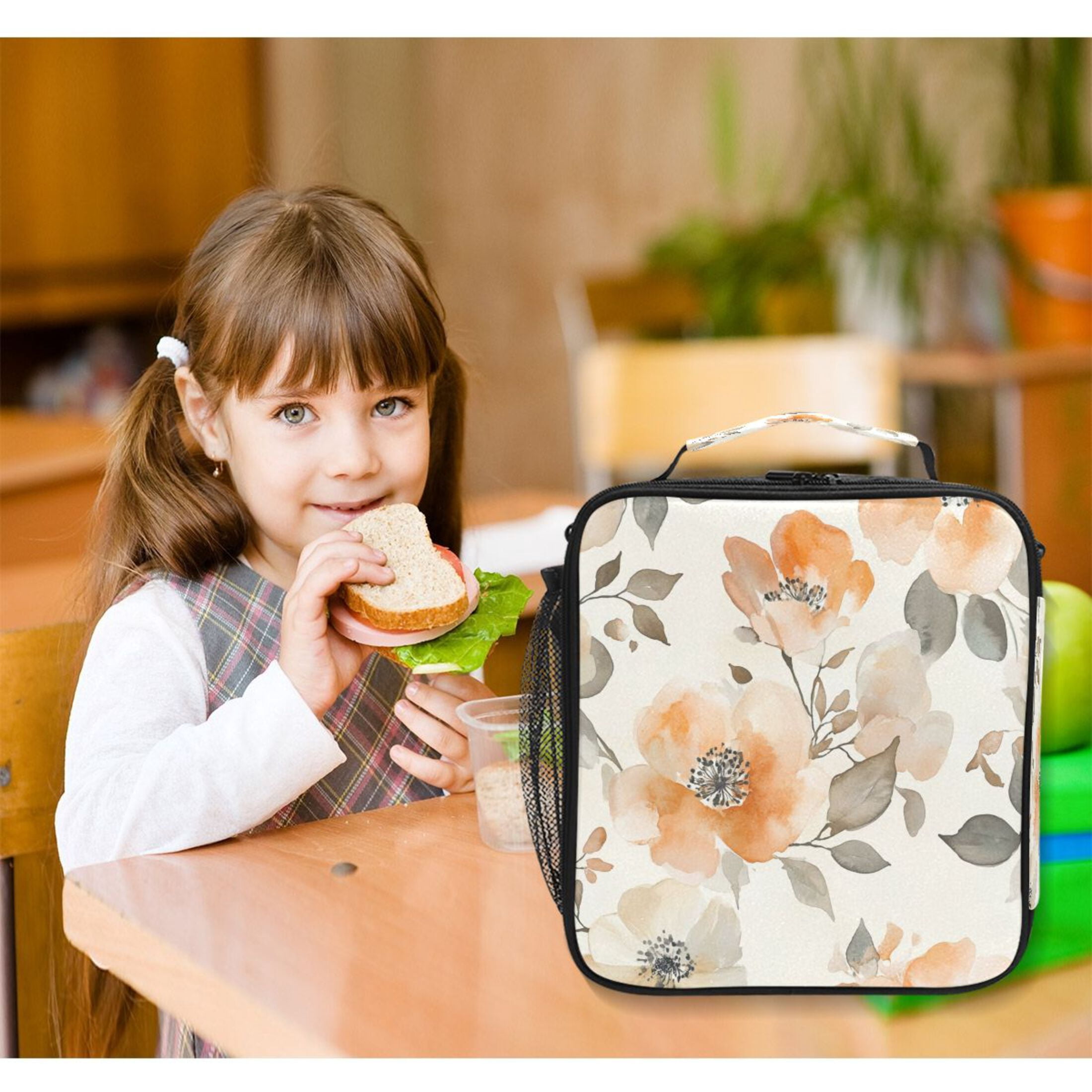 Square Lunch Bag 10.5*3.5*9.5 Inches Cooler Bag Lunch Bag Insulation Portable Durable Fashion Vibrant Cream Flowers