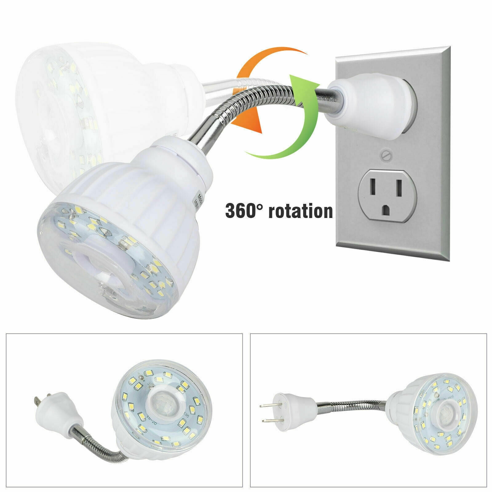 LED Motion-Activated Rotating Flexible Sensor Night Light AC Outlet Plug-in Wall