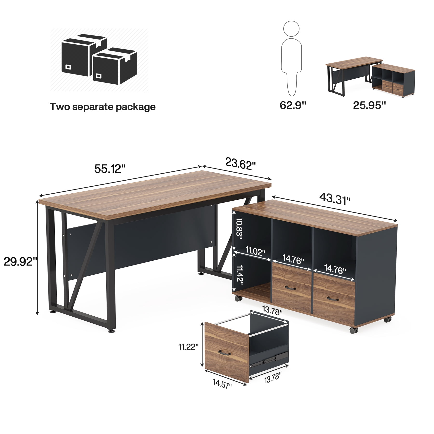 55-Inch Executive Computer Desk with 43-Inch Lateral File Cabinet