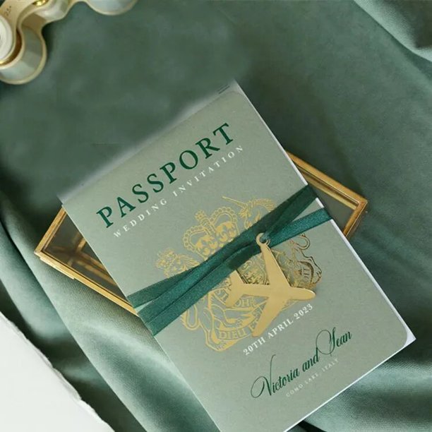 Juego de sellos dorados de papel perlado para invitación, papel de aluminio personalizado, texto de pasaporte, boletos de embarque, tarjeta de invitación para cumpleaños, aniversario, evento, 50 unida