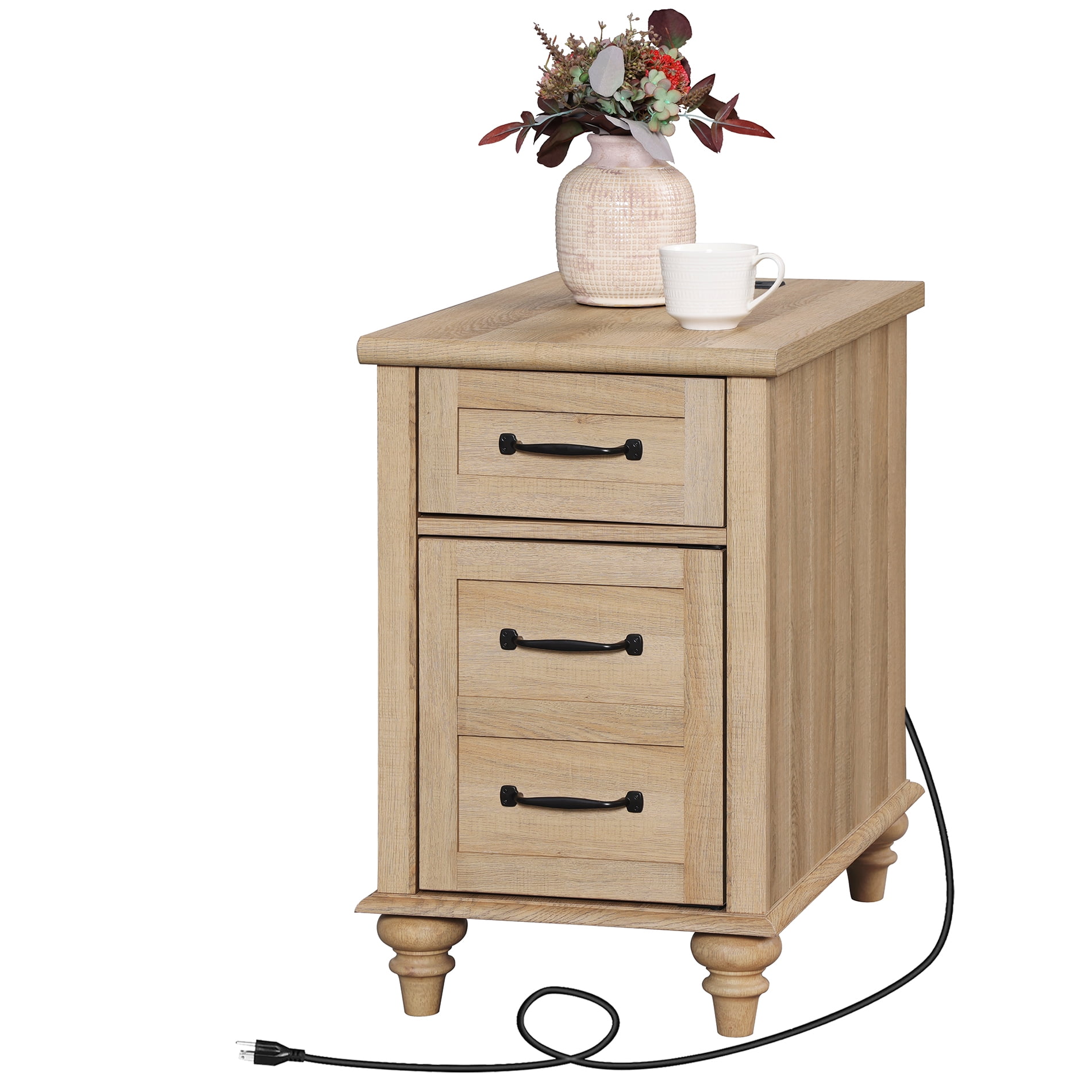 Oak End Table with Charing Staion, Narrow Nightstand Side Table with Drawer for Living Room