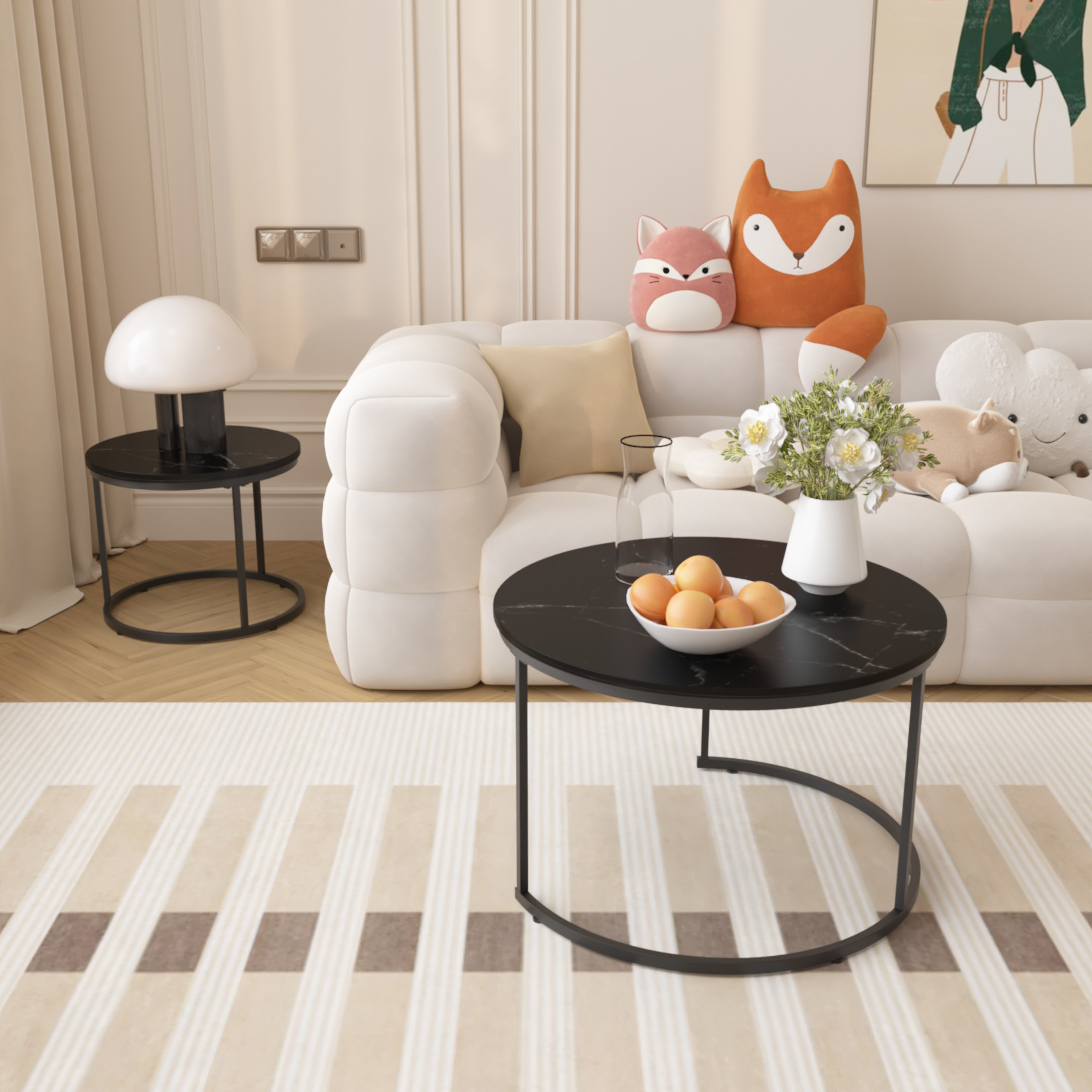 Noble House Lazura 27.6" Marble Look Nesting Coffee Table Set, Round MDF Top with Metal Base, Black, Set of 2