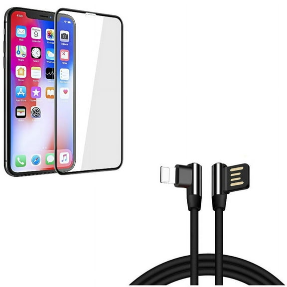 Screen Protector w Angle USB Cable for iPhone XR - Tempered Glass 5D Touch Curved Edge Full Cover, 6ft Charger Cord Power Wire
