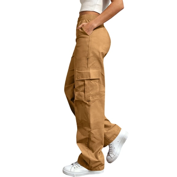 hoksml Womens Pull On Wide Leg Cargo Pants Elastic Waist Casual Daily Trousers with Pockets Multiple Colors