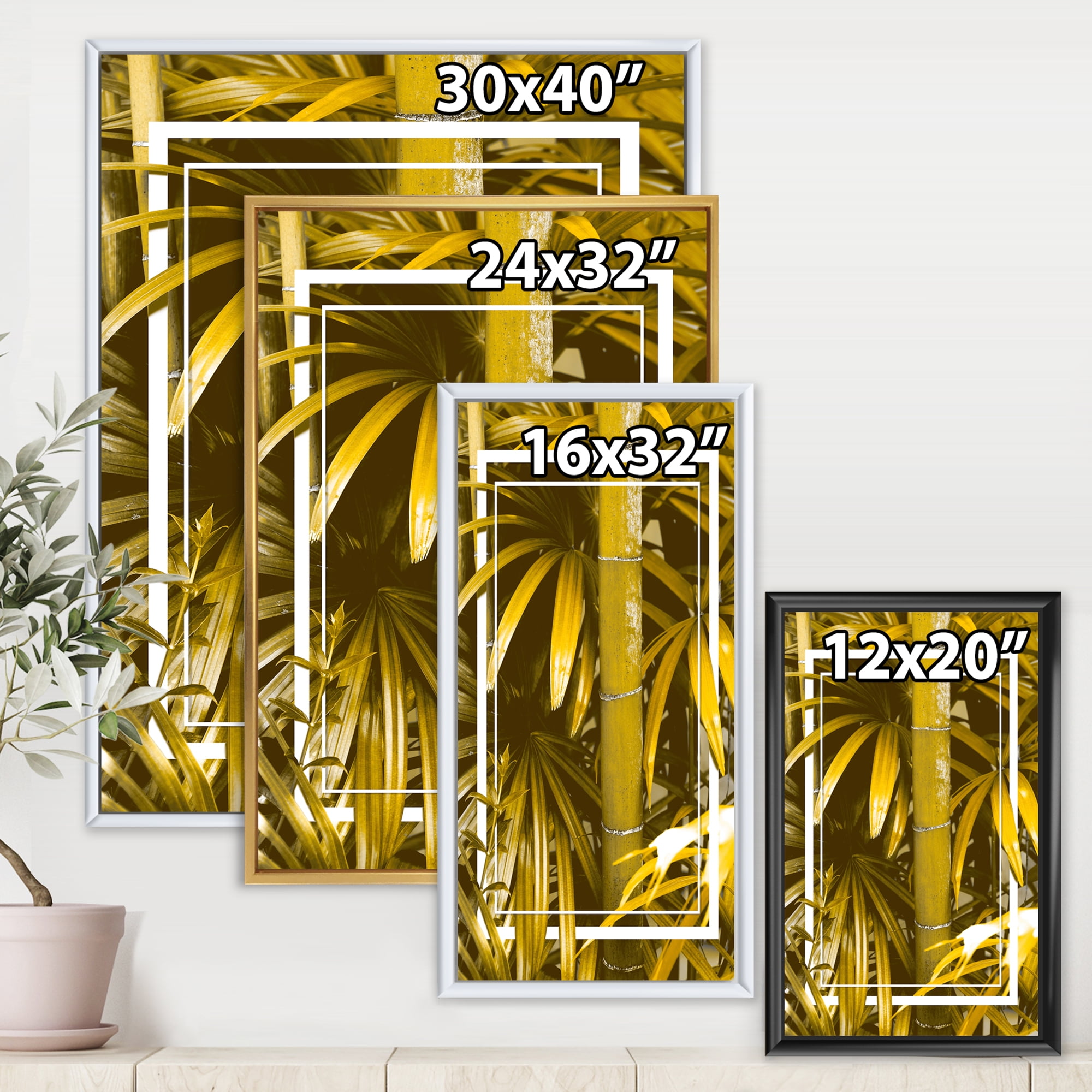 Designart 'Tropical Leaves and Yellow Bamboo' Tropical Framed Canvas Wall Art Print