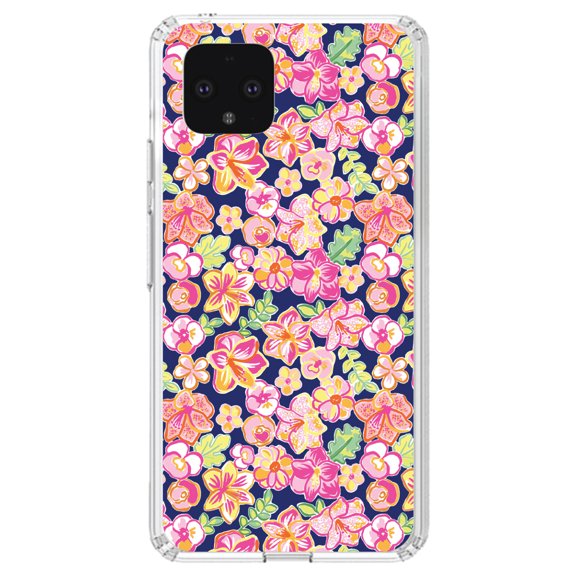 DistinctInk Clear Shockproof Hybrid Case for Google Pixel 4 XL (6.3" Screen) - TPU Bumper, Acrylic Back, Tempered Glass Screen Protector - Preppy Pattern - Pink Green Navy Flowers Floral