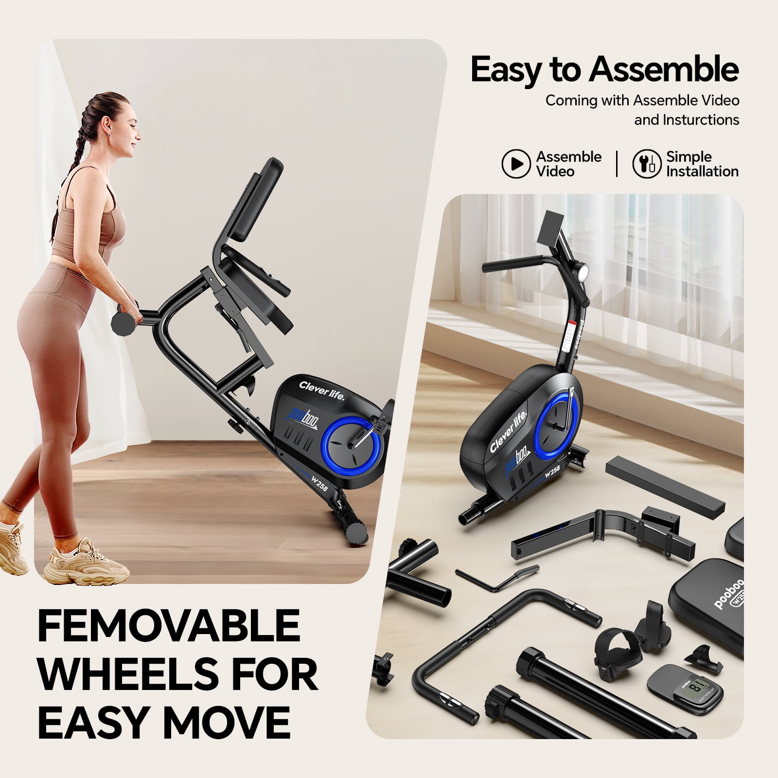 Pooboo Adjustable Seat Recumbent Exercise Bike, Home Gym